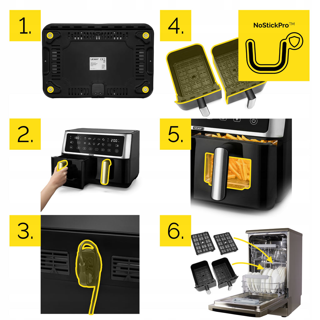 Frytkownica beztłuszczowa Dwukomorowa 10L Air Fryer Yoer 2850W 10 programów