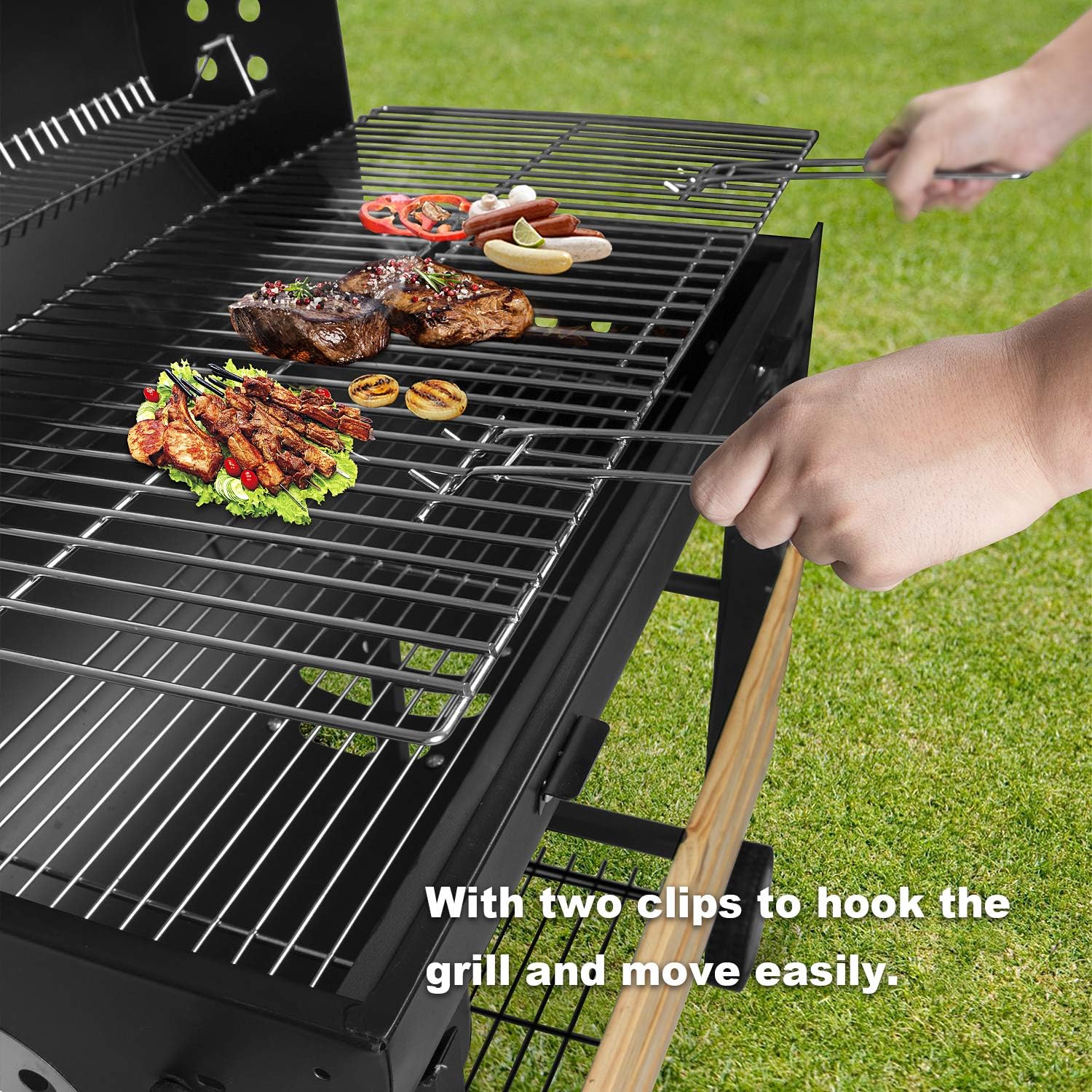 Grillvagn med kolgrill, grill, kolgrill med hjul, antracitgrill, grillugn inkl. integrerad termometer och ventilationsreglage, trädgårdsgrill, grillyta: 70 x 38,5 cm