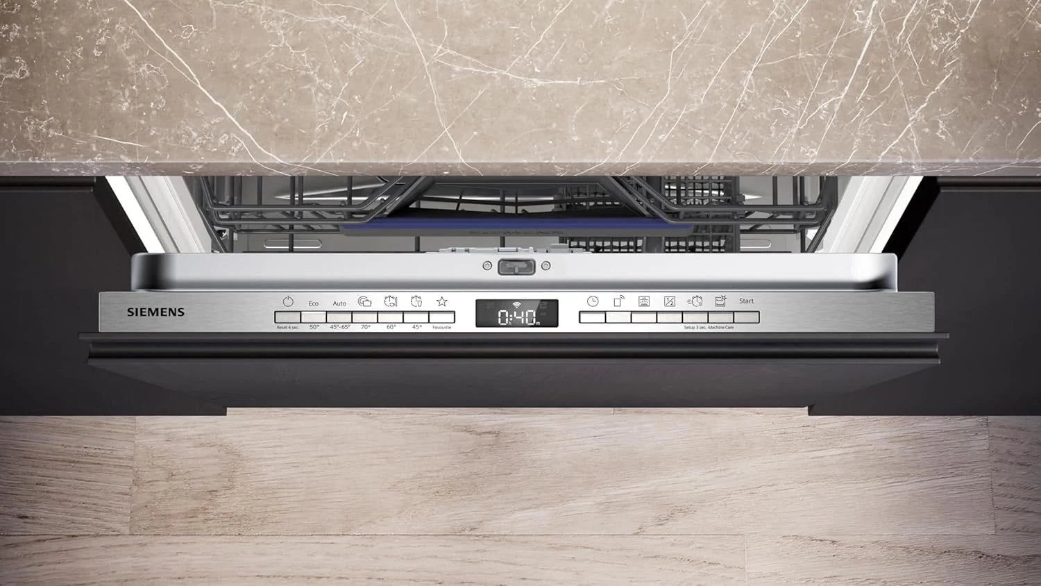 Siemens SN43ES14VE, iQ300 Smarter Geschirrspüler, Unterbau-Spülmaschine mit Besteckschublade, 60 cm, automatische Türöffnung dank autoOpen dry, besonders leise mit iQdrive-Motor, aquaStop, Edelstahl