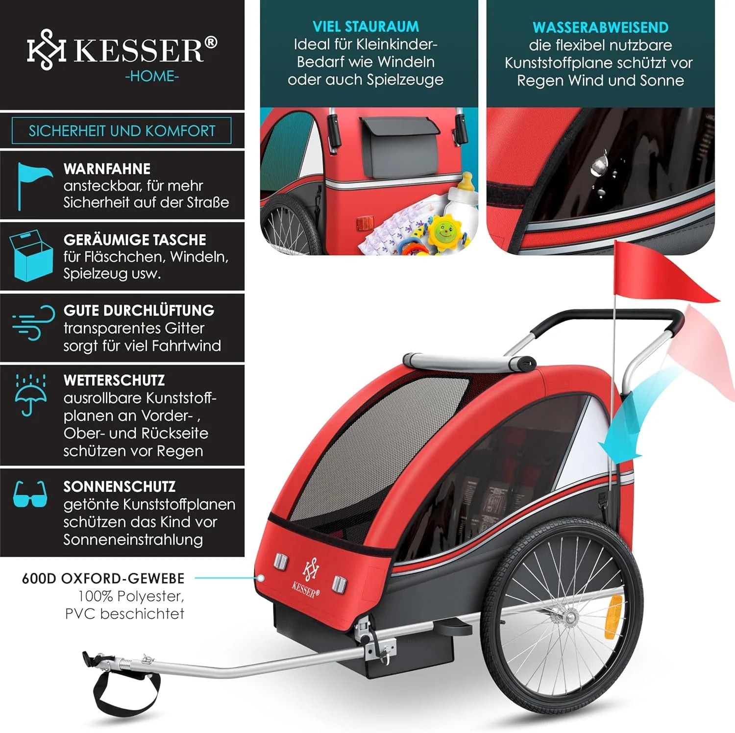 KESSER® Przyczepka rowerowa dla dzieci Sport-RX 2w1 z funkcją jazdy Przyczepka rowerowa dla dzieci + 5-punktowy pas bezpieczeństwa 360°