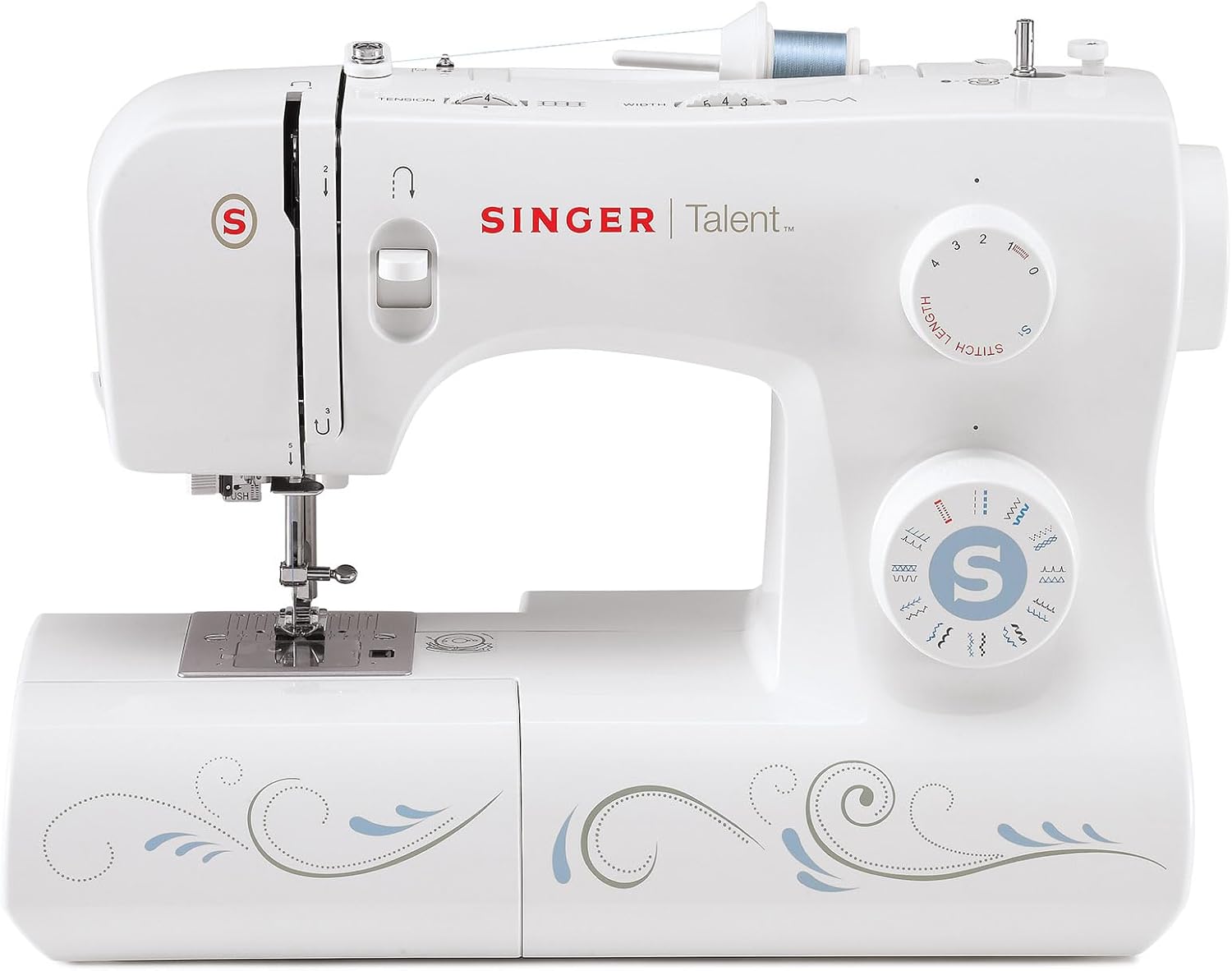 Singer Talent 3323-30 Mechaniczna maszyna do szycia ze ściegami użytkowymi, w pełni automatyczny ścieg dziurkowy w jednym kroku, ścieg zygzakowaty do 6 mm, automatyczne nawlekanie, profesjonalna maszyna do szycia, kolor biały