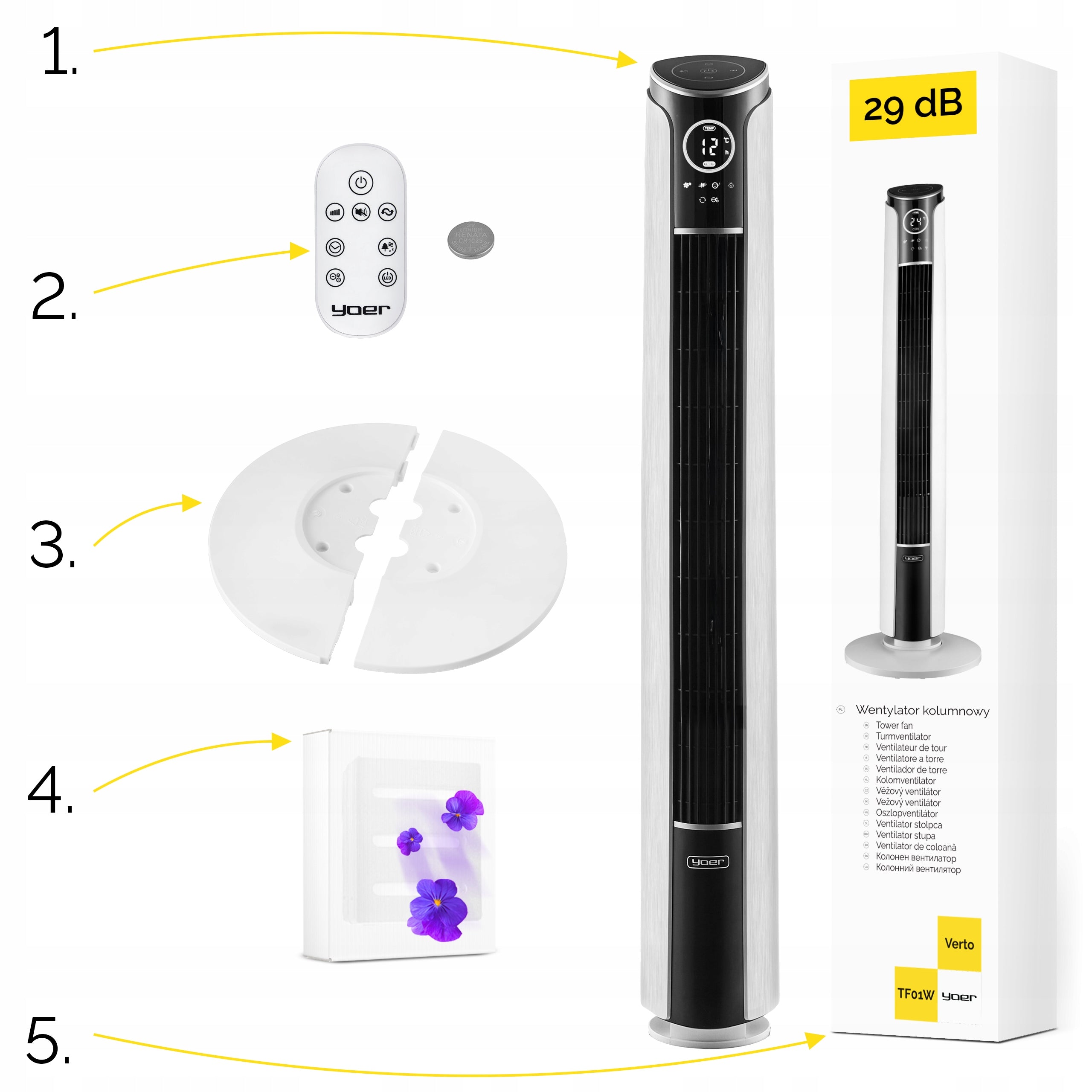 Wentylator kolumnowy stojący Cichy 29dB Yoer 3D +10m zasięg Jonizacja AROMA