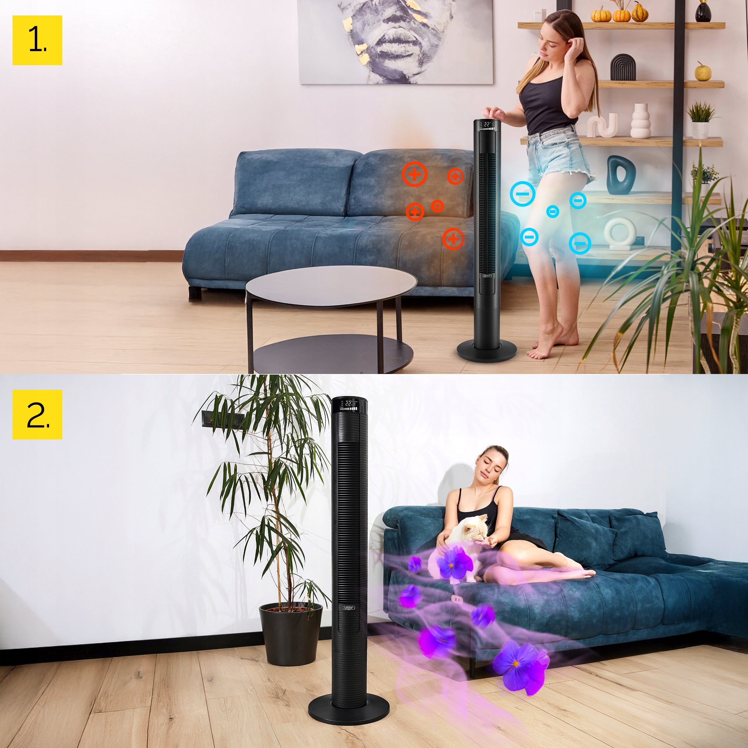 Wentylator kolumnowy stojący Cichy 29dB Yoer 3D +10m zasięg Jonizacja AROMA