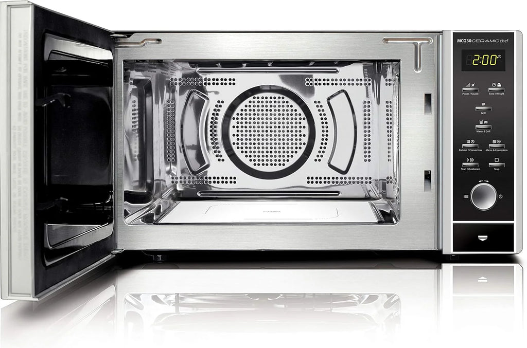 CASO MCG30 Ceramic chef Testsieger Haus & Garten Test, 3in1 Mikrowelle mit Grill + Heißluft 2100W 30L, Borosilikatglasboden, Backofen-Funktion bis 200°C