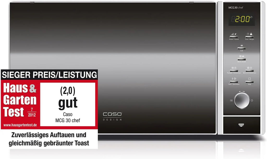 CASO MCG30 Ceramic chef Testsieger Haus & Garten Test, 3in1 Mikrowelle mit Grill + Heißluft 2100W 30L, Borosilikatglasboden, Backofen-Funktion bis 200°C