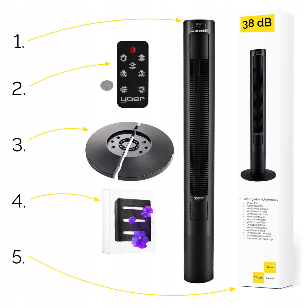 Wentylator kolumnowy stojący Cichy 29dB Yoer 3D +10m zasięg Jonizacja AROMA