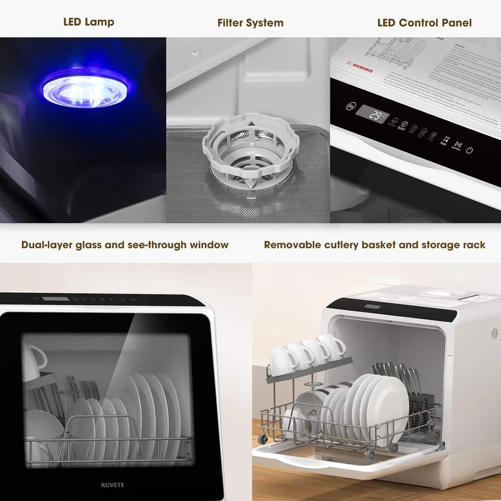 Tragbarer Tischgeschirrspüler, Kompaktgeschirrspüler mit 5 l integriertem Wassertank und Zulaufschlauch, 5 Spülprogrammen, Babypflege, Lufttrocknungsfunktion und LED-Licht für kleine Wohnungen