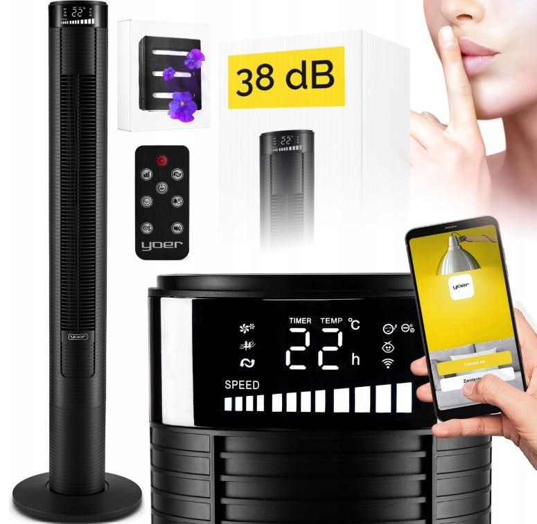 Wentylator kolumnowy stojący Cichy 29dB Yoer 3D +10m zasięg Jonizacja AROMA