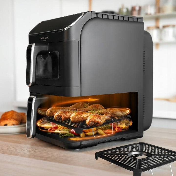 Mozano FRYTKOWNICA BEZTŁUSZCZOWA DWUKOMOROWA PIONOWA 11L AIR FRYER 2800W 12 TRYBÓW