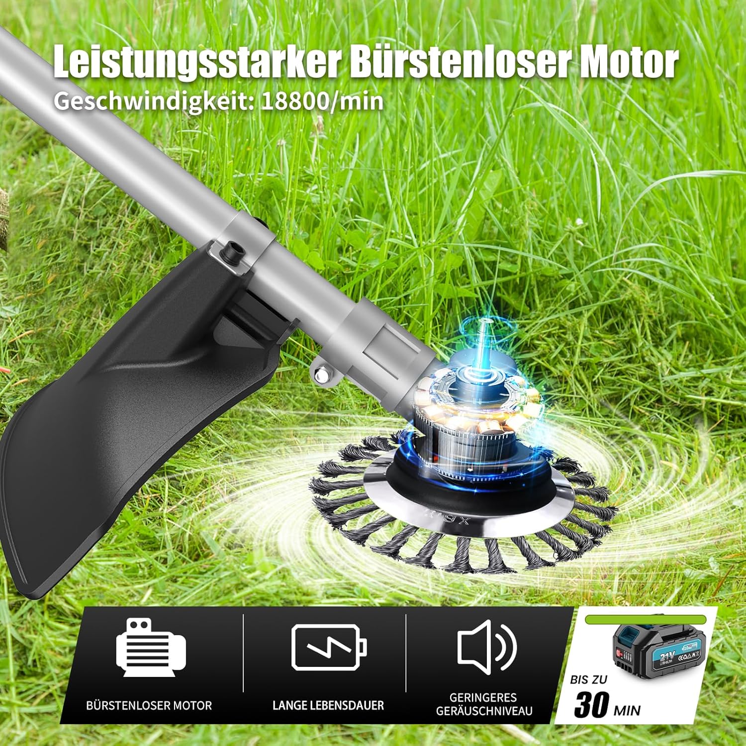 Akku Rasentrimmer mit 2 Akku, 16000mAh/21V 1000W Bürstenloser Akku Freischneider, Schnittdurchmesser 30cm, Multifunktion Rasenkantenschneider Akku für Rasen Garten Beschneiden - E-Edge