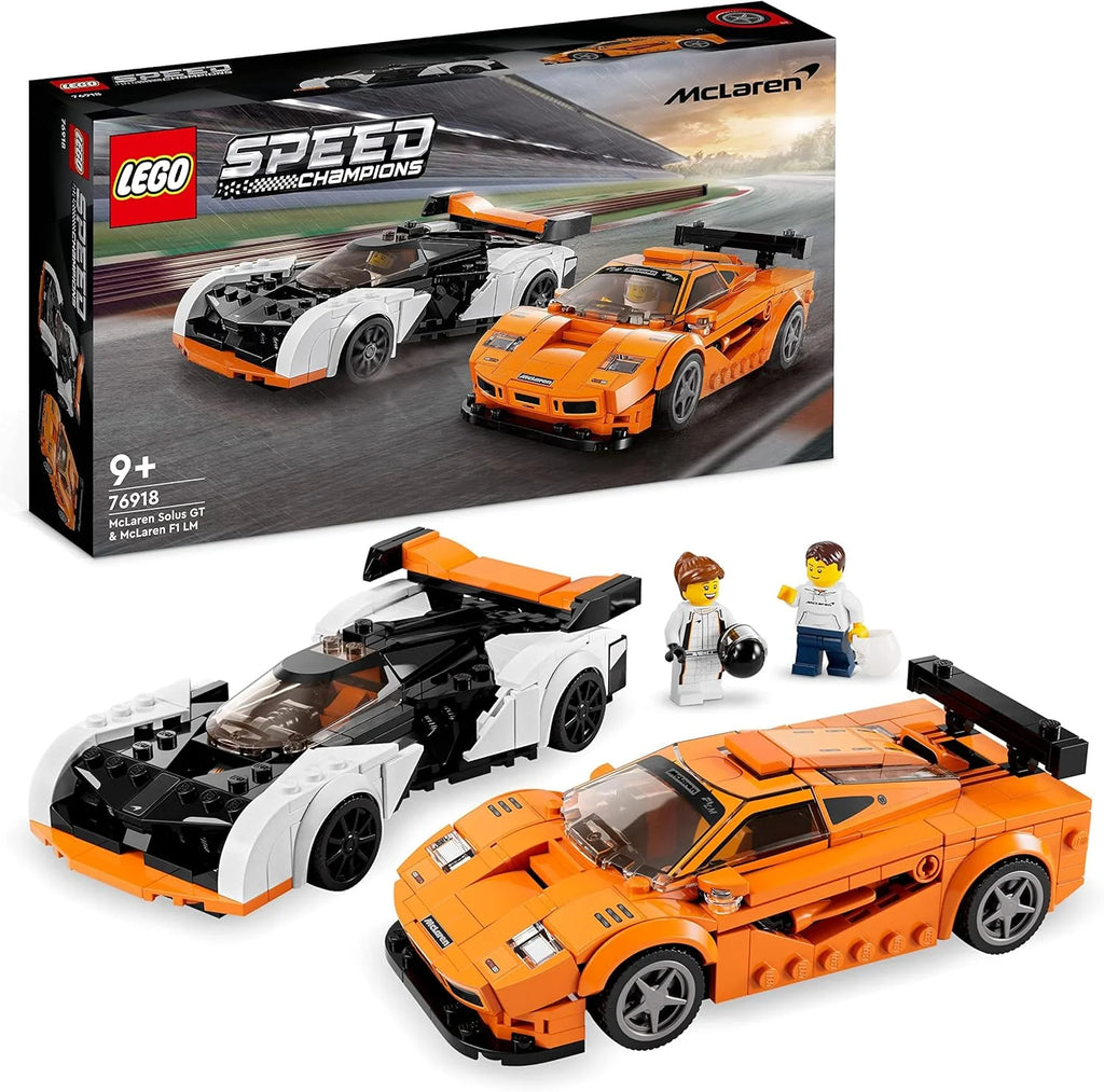 LEGO Speed Champions McLaren Solus GT & McLaren F1 LM bilbyggsats, autentisk modellbyggsats med två bilmodeller, leksaksbil med minifigur, racerbil, presentidé, från 9 år 76918