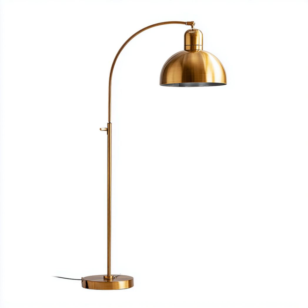 Lampa Podłogowa Łukowa Metalowa Mosiężna z Okrągłym Kloszem