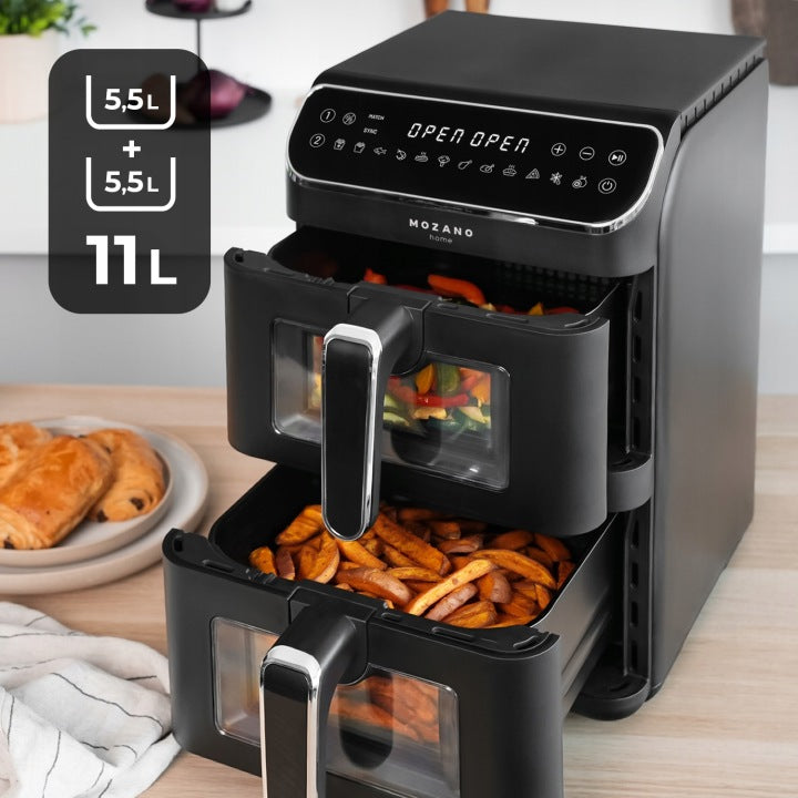 Mozano FRYTKOWNICA BEZTŁUSZCZOWA DWUKOMOROWA PIONOWA 11L AIR FRYER 2800W 12 TRYBÓW