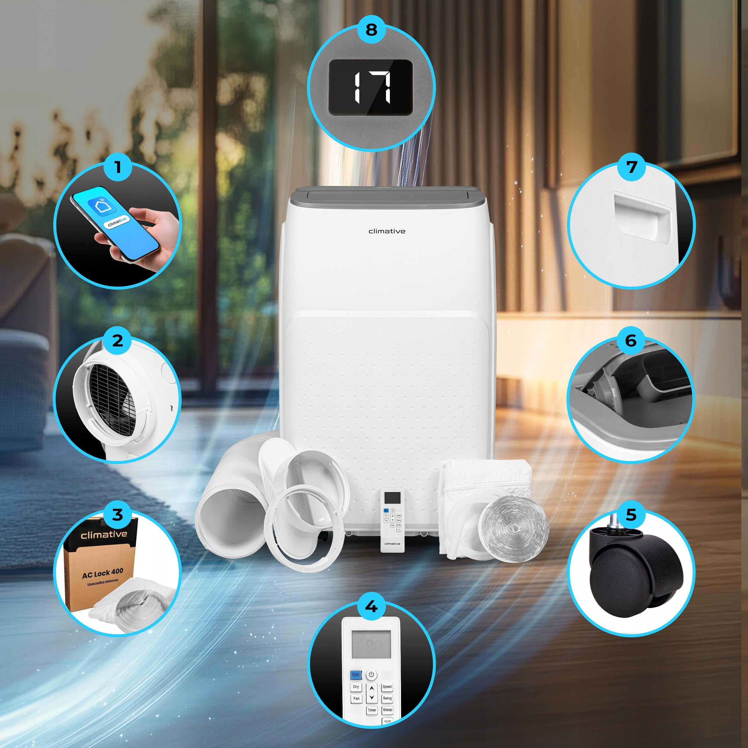 Klimatyzator przenośny pokojowy MINI 2,6 kW mały cichy WiFi 26 m2 uszczelka