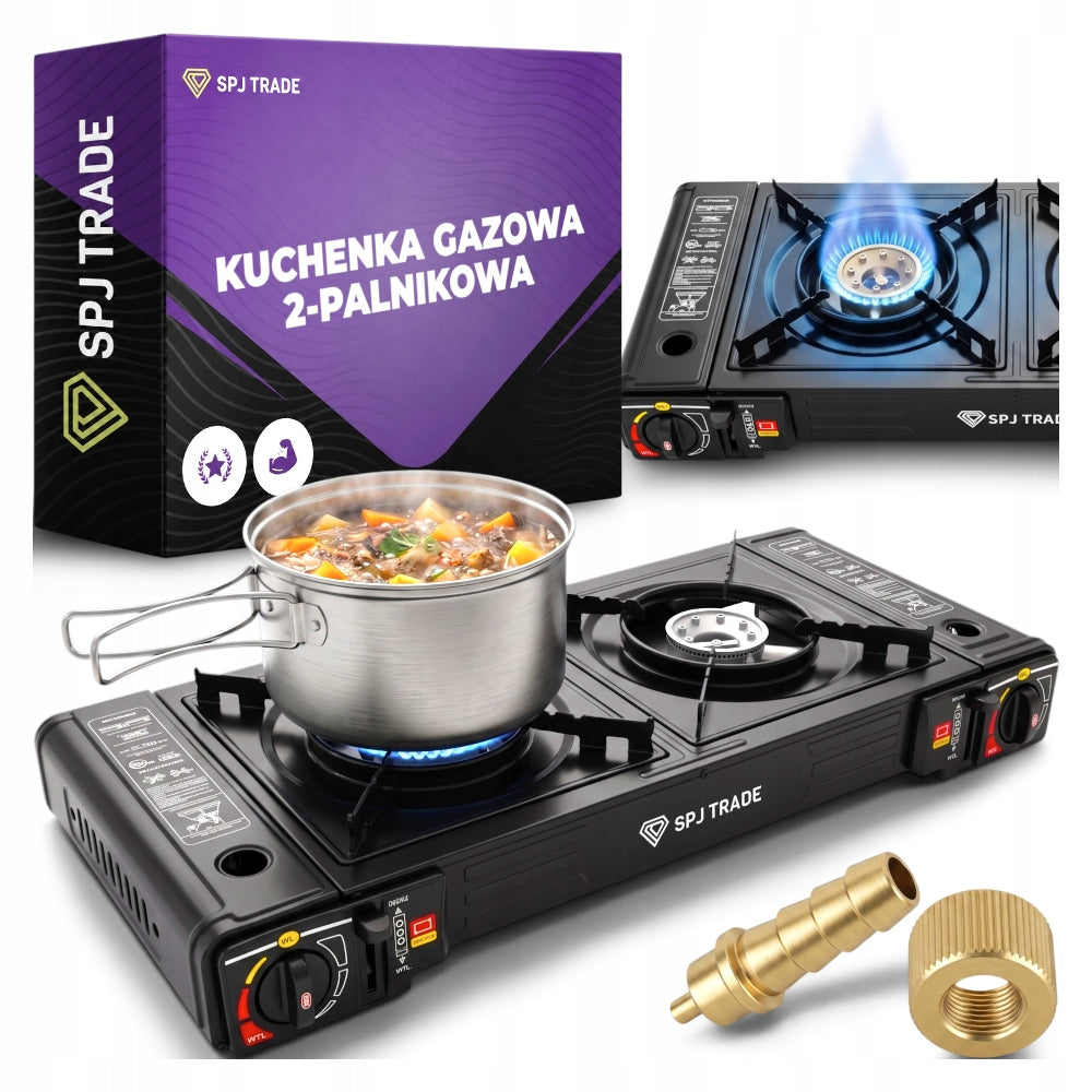 SPJ TRADE Kuchenka gazowa 2-palnikowa przenośna turystyczna adapter dwa palniki 2500W