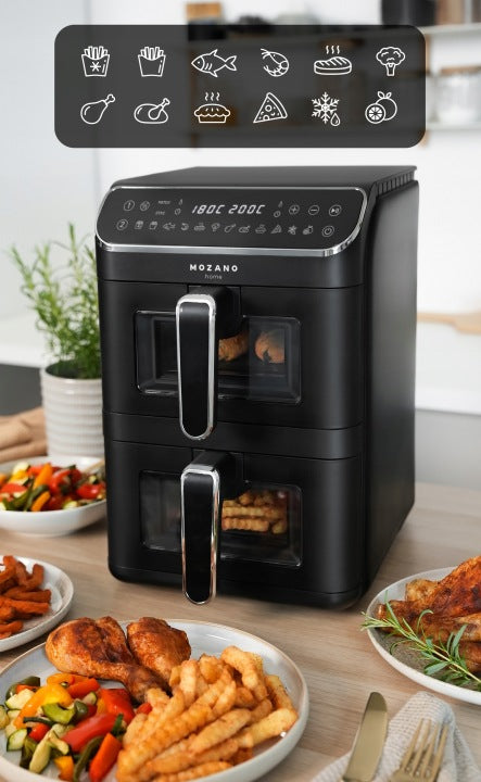 Mozano FRYTKOWNICA BEZTŁUSZCZOWA DWUKOMOROWA PIONOWA 11L AIR FRYER 2800W 12 TRYBÓW