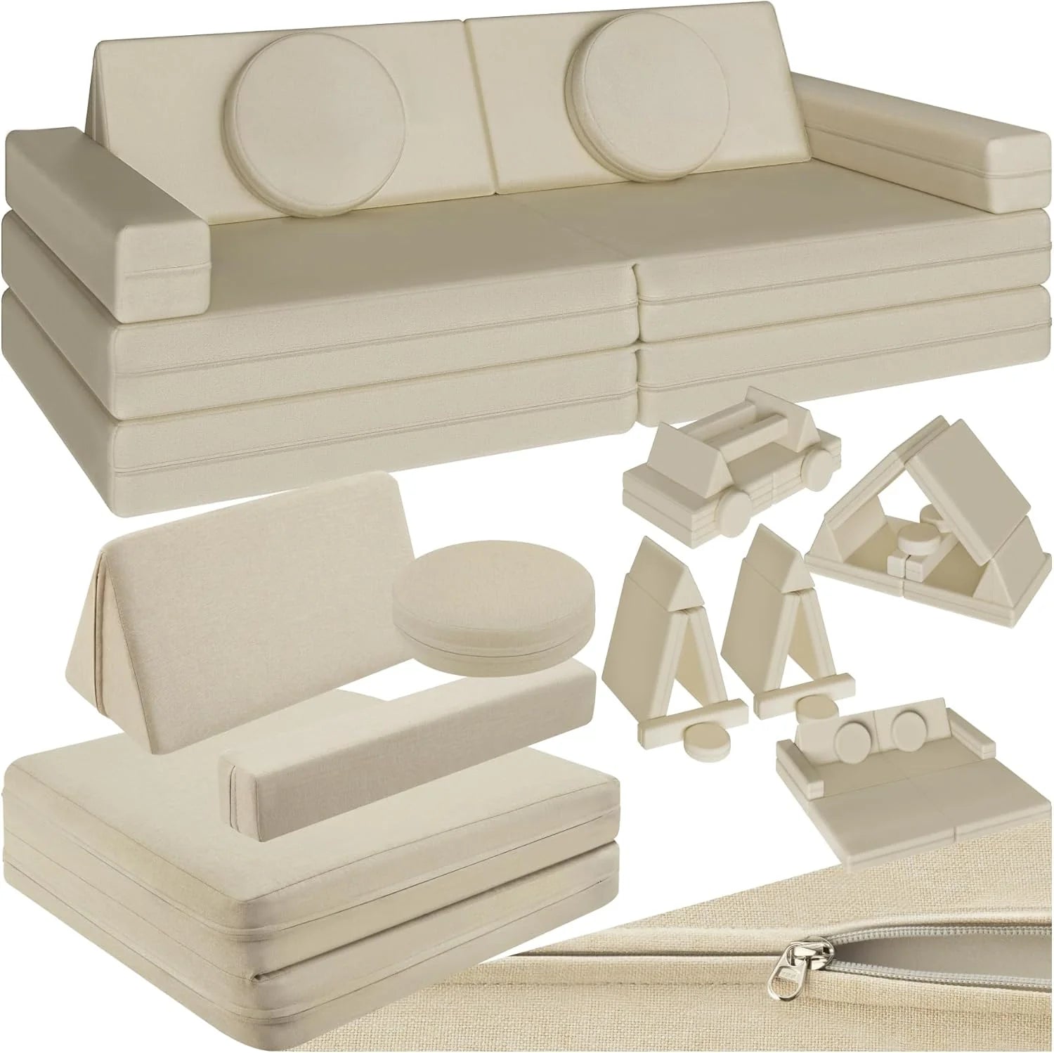 tectake Barnsoffa Modulär Leksoffa - Soffa för barn med sovfunktion, Hopfällbar Leksoffa & Minisoffa för barnrum - Relaxsoffa & Barnsittgrupp 160 cm - Beige