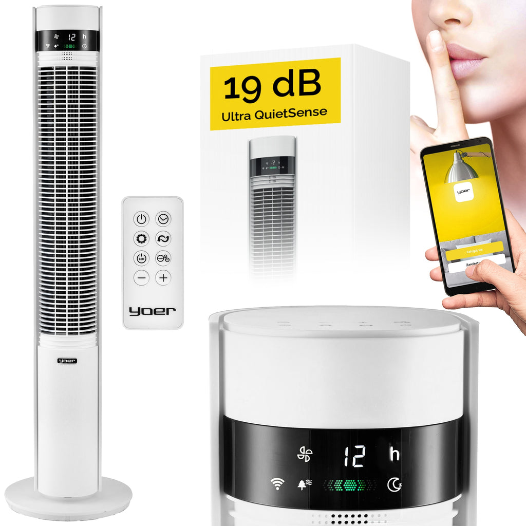 Wentylator kolumnowy stojący Cichy 29dB Yoer 3D +10m zasięg Jonizacja AROMA