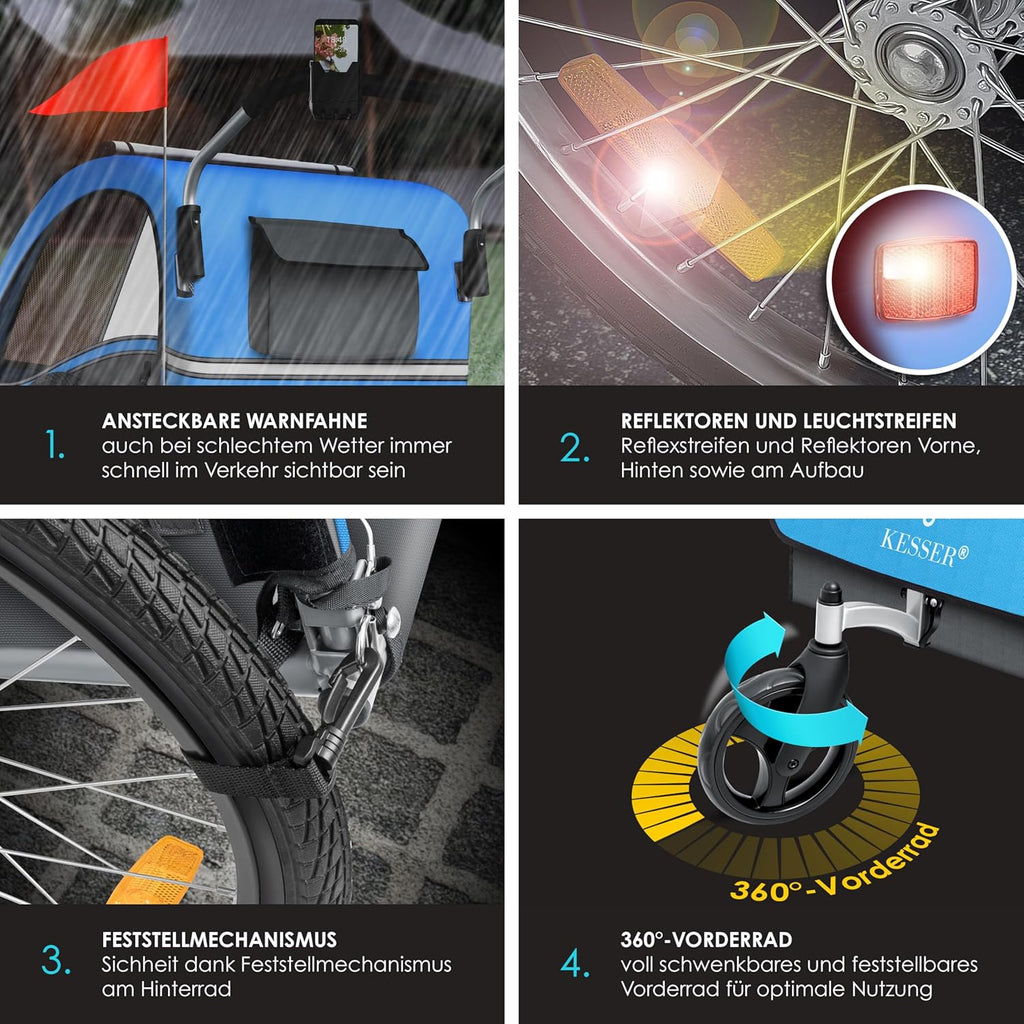 KESSER® Przyczepka rowerowa dla dzieci Sport-RX 2w1 z funkcją jazdy Przyczepka rowerowa dla dzieci + 5-punktowy pas bezpieczeństwa 360°