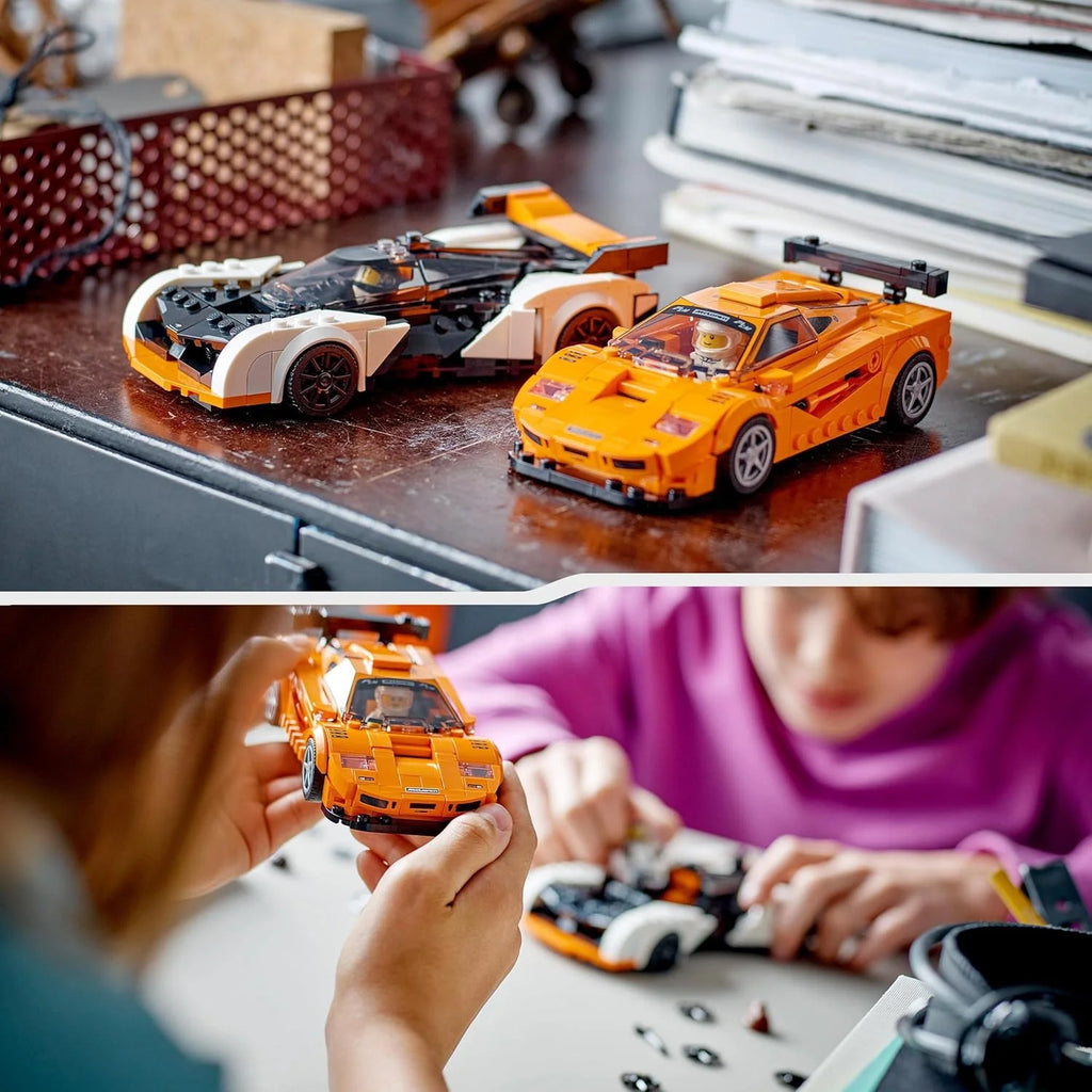 LEGO Speed Champions McLaren Solus GT & McLaren F1 LM bilbyggsats, autentisk modellbyggsats med två bilmodeller, leksaksbil med minifigur, racerbil, presentidé, från 9 år 76918