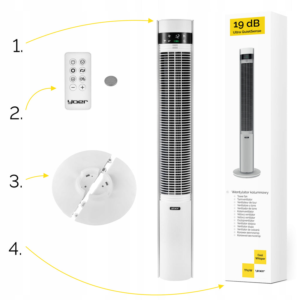 Wentylator kolumnowy stojący Cichy 29dB Yoer 3D +10m zasięg Jonizacja AROMA