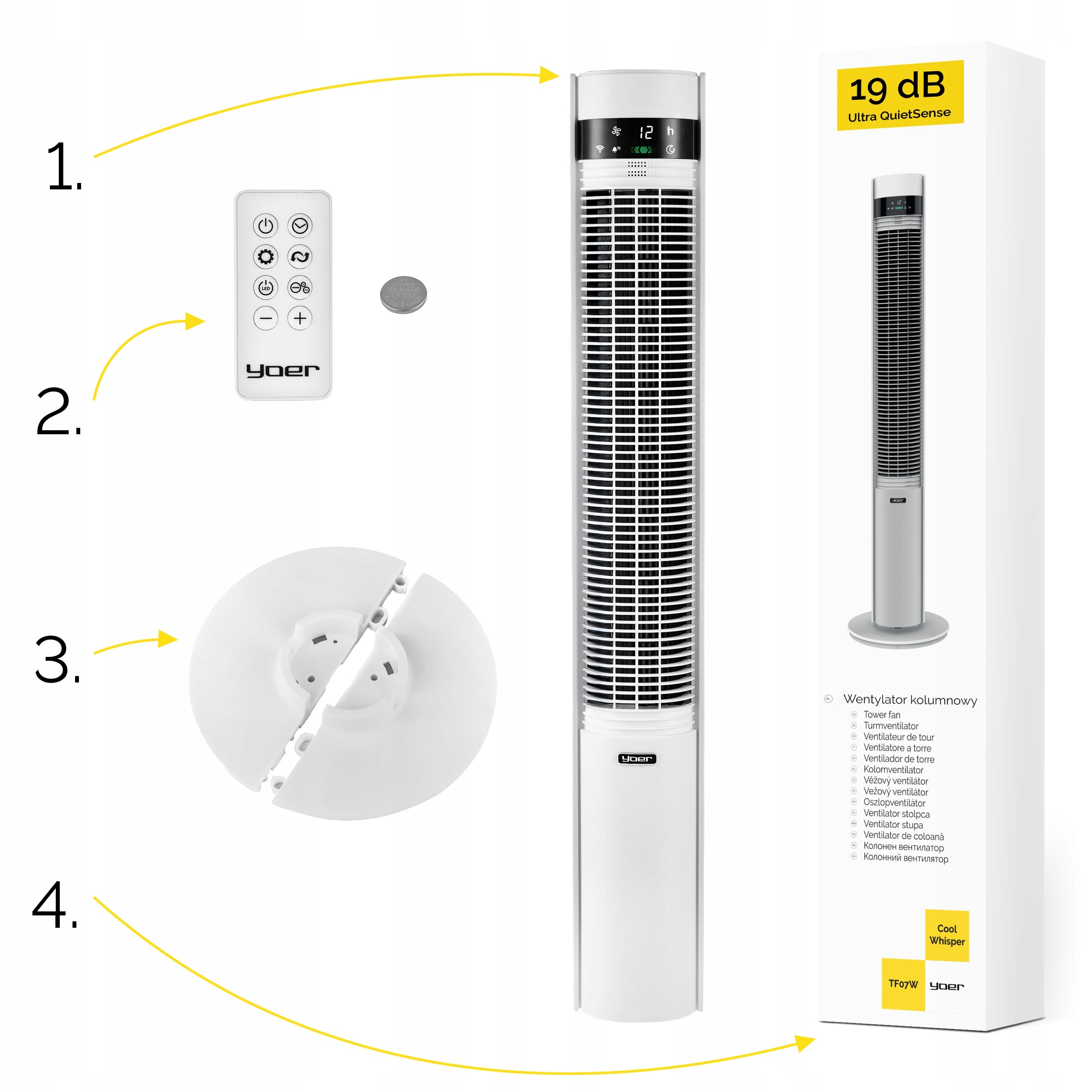 Wentylator kolumnowy stojący Cichy 29dB Yoer 3D +10m zasięg Jonizacja AROMA