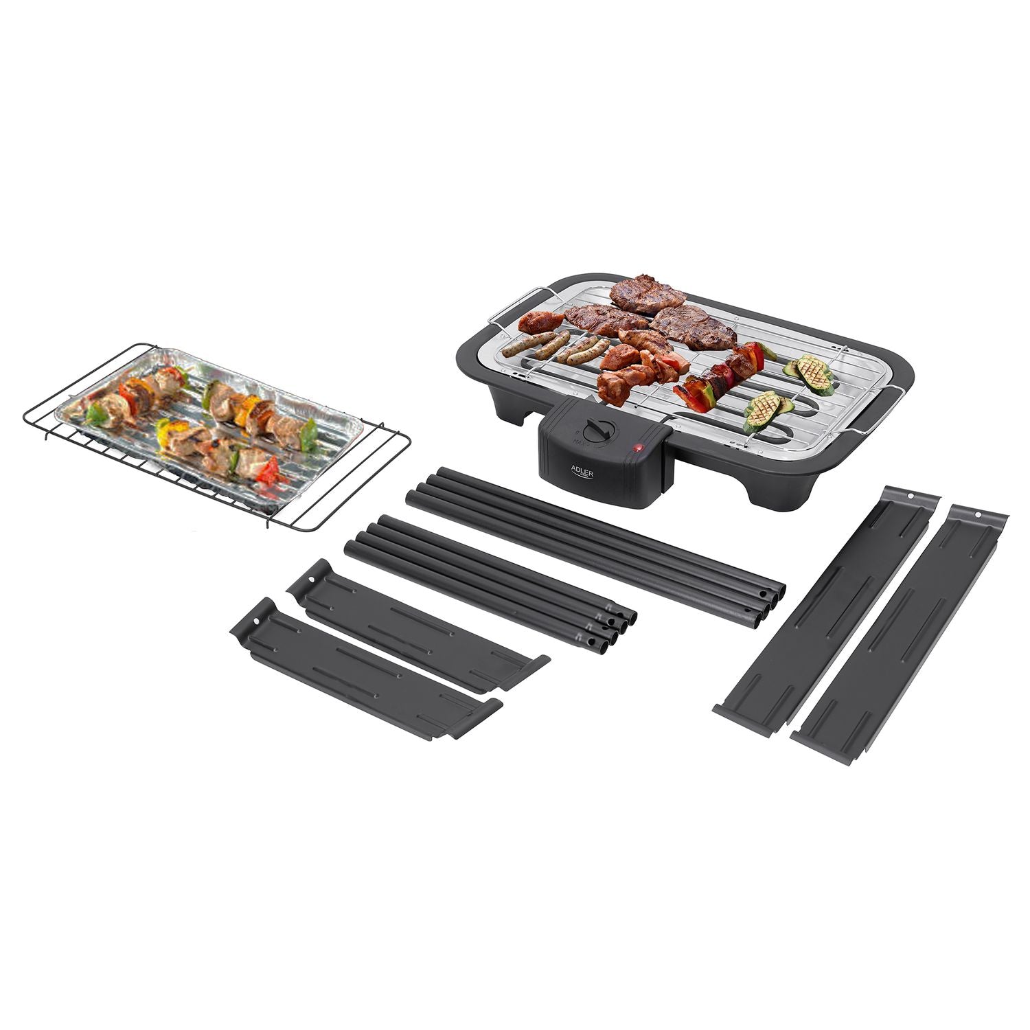 Grill elektryczny z nóżkami, chromowany, regulacja temperatury, do użytku wewnątrz/na zewnątrz, odłączany, czarny, 2000 W Adler AD 6602