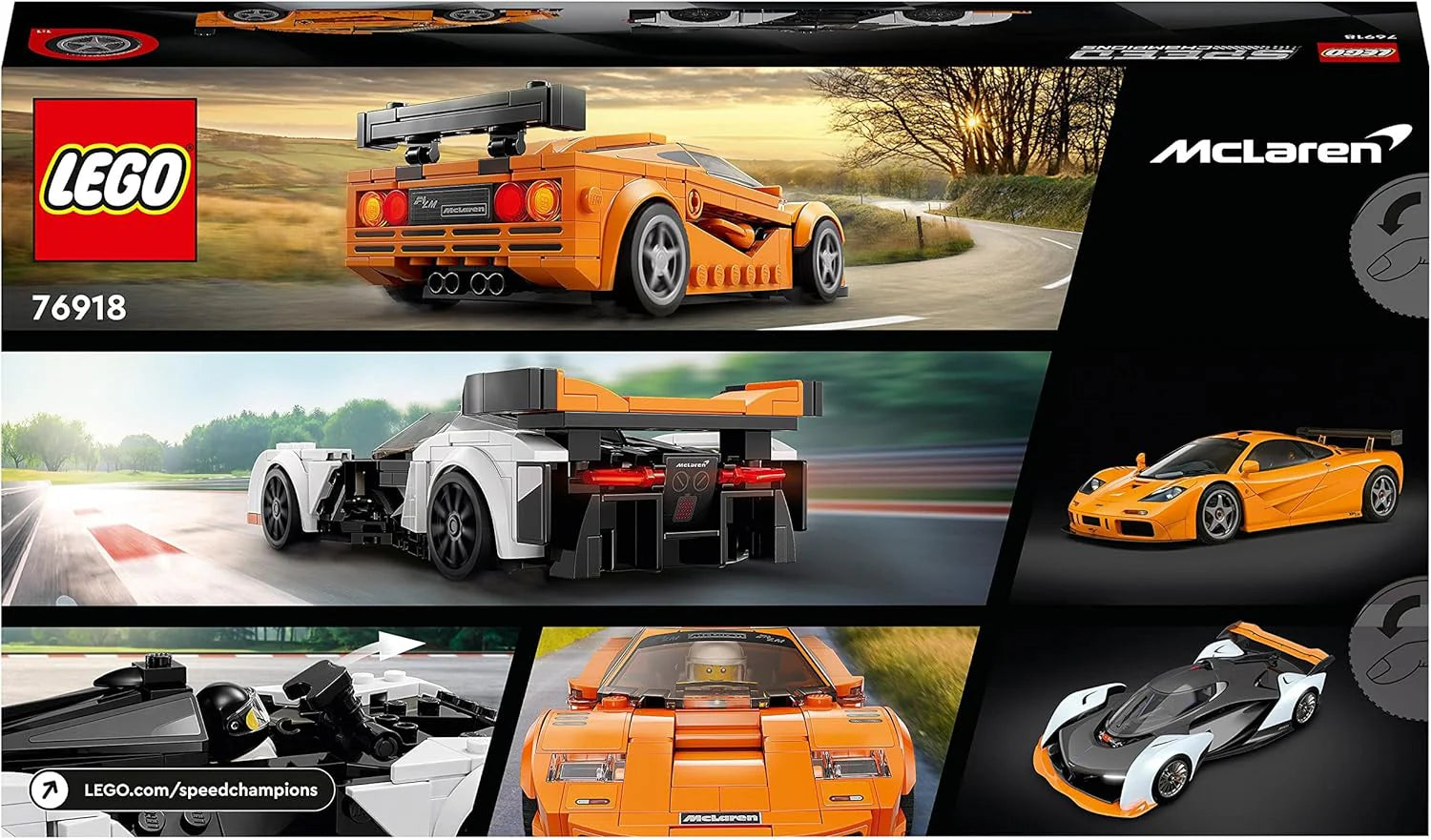 LEGO Speed Champions McLaren Solus GT & McLaren F1 LM bilbyggsats, autentisk modellbyggsats med två bilmodeller, leksaksbil med minifigur, racerbil, presentidé, från 9 år 76918