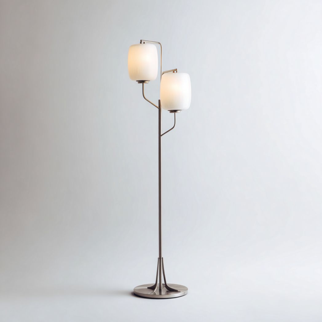 Lampa podłogowa metalowa, dwa szklane klosze, srebrna