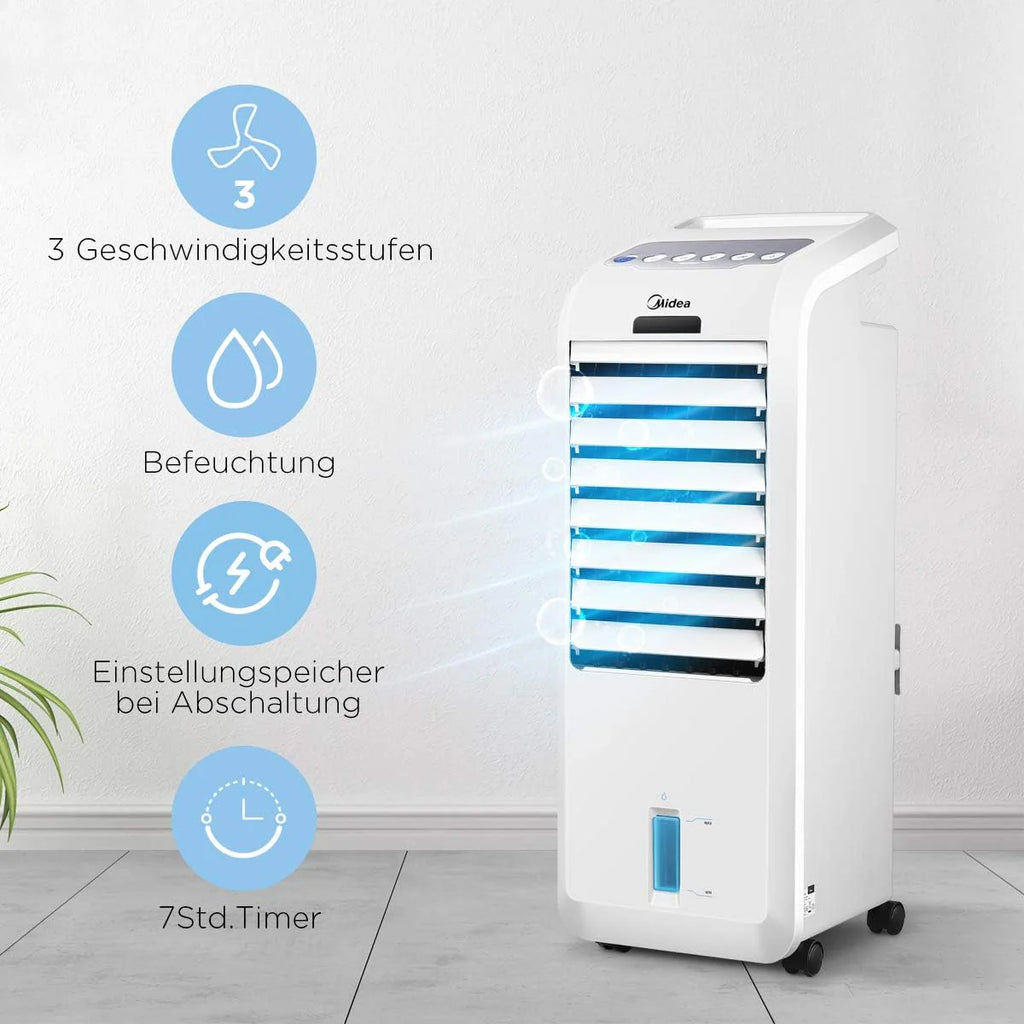 Midea Luftkühler mit Wasserkühlung, Klimaanlage Mobil, Ventilator mit 5L Wasserkühlung, Luftbefeuchter und Ionisation, Klimaanlage Ohne Abluftschlauch, 355m³/h, Ventilator mit Fernbedienung,55W,Weiß