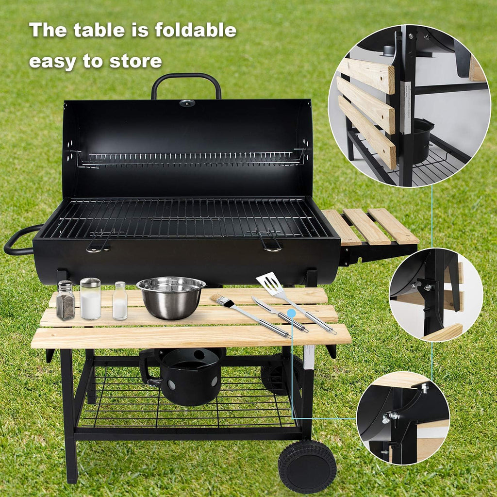 Grillvagn med kolgrill, grill, kolgrill med hjul, antracitgrill, grillugn inkl. integrerad termometer och ventilationsreglage, trädgårdsgrill, grillyta: 70 x 38,5 cm