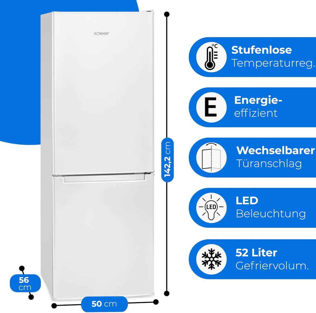Bomann® Kühlschrank mit Gefrierfach 143cm hoch | Kühl Gefrierkombination 173L mit 3 Ablagen & 3 Schubladen | Türanschlag wechselbar | leise Kühlgefrierkombi 40db | Kühlschrank | KG 7331 inox