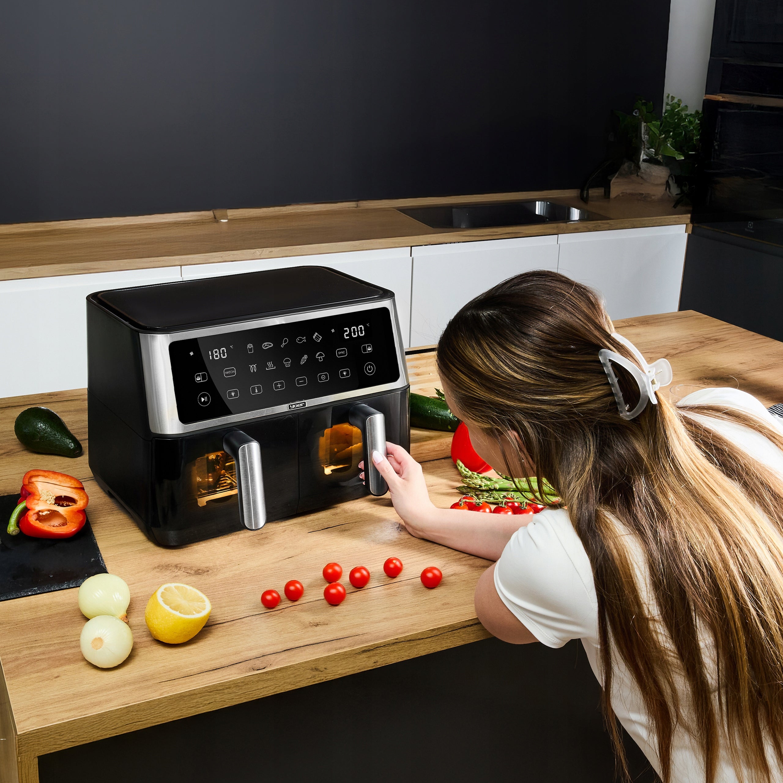 Frytkownica beztłuszczowa Dwukomorowa 10L Air Fryer Yoer 2850W 10 programów