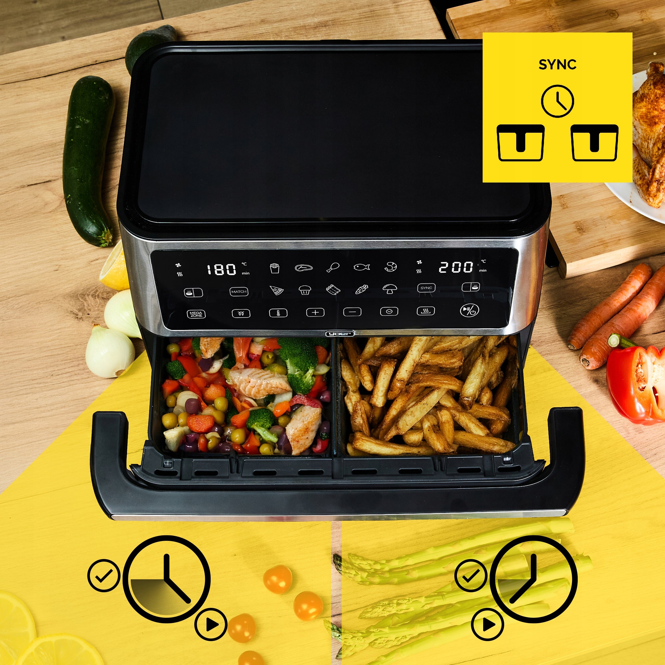 Frytkownica beztłuszczowa Dwukomorowa 10L Air Fryer Yoer 2850W 10 programów