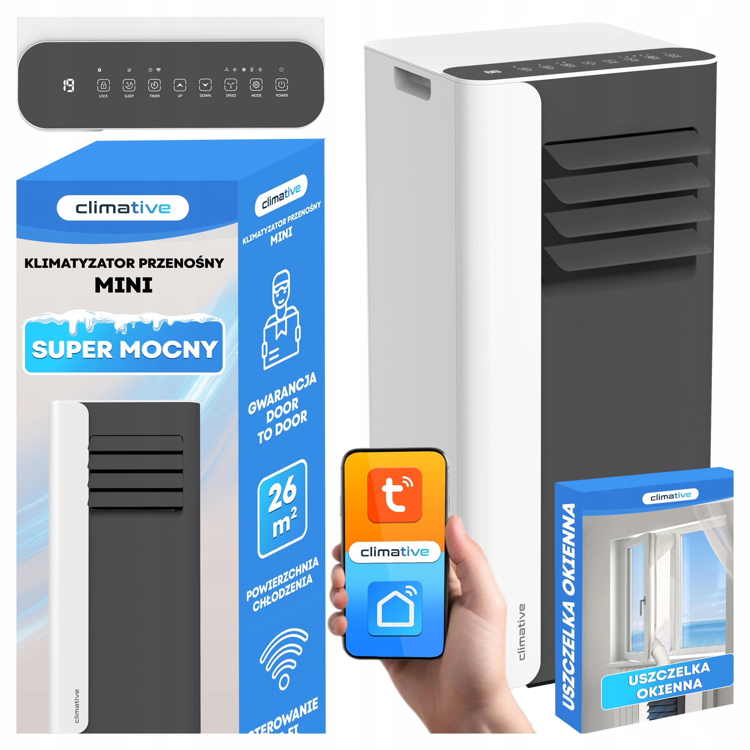 Klimatyzator przenośny pokojowy MINI 2,6 kW mały cichy WiFi 26 m2 uszczelka
