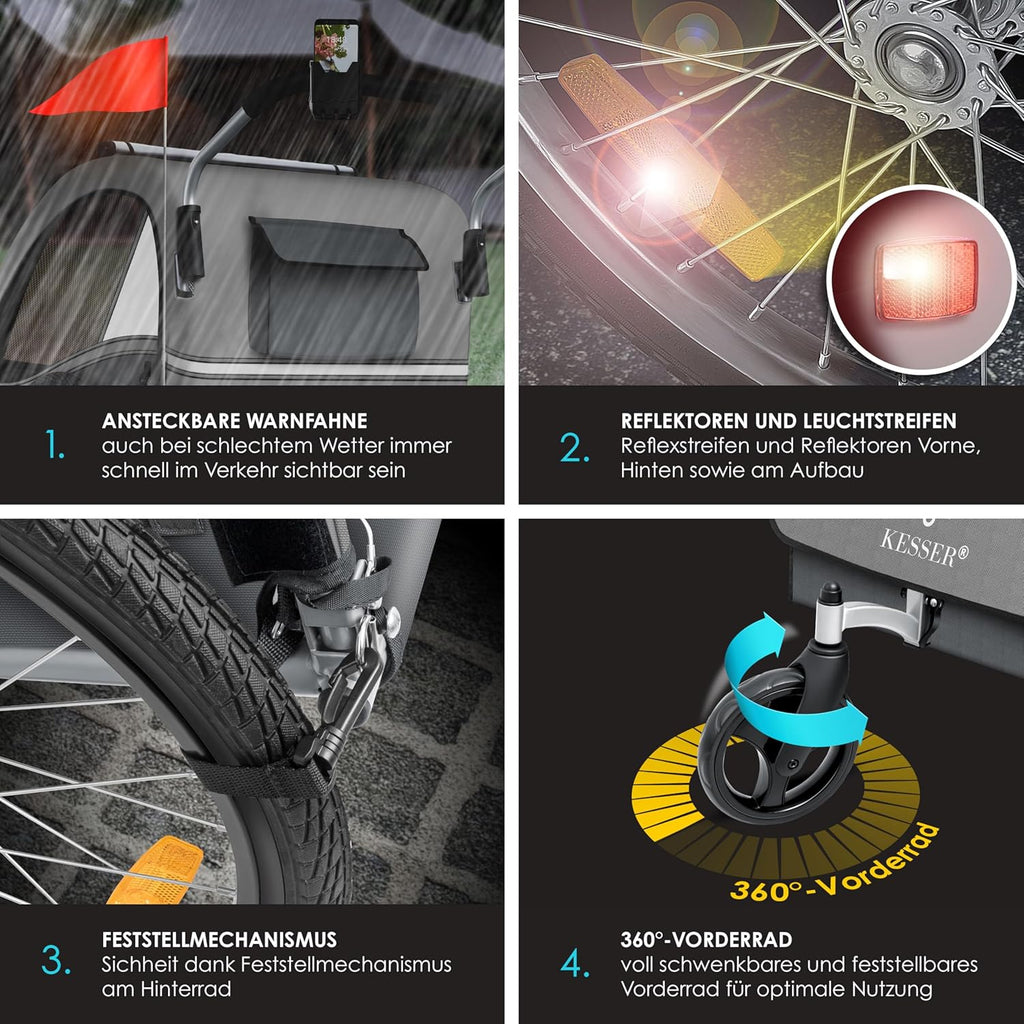 KESSER® Przyczepka rowerowa dla dzieci Sport-RX 2w1 z funkcją jazdy Przyczepka rowerowa dla dzieci + 5-punktowy pas bezpieczeństwa 360°