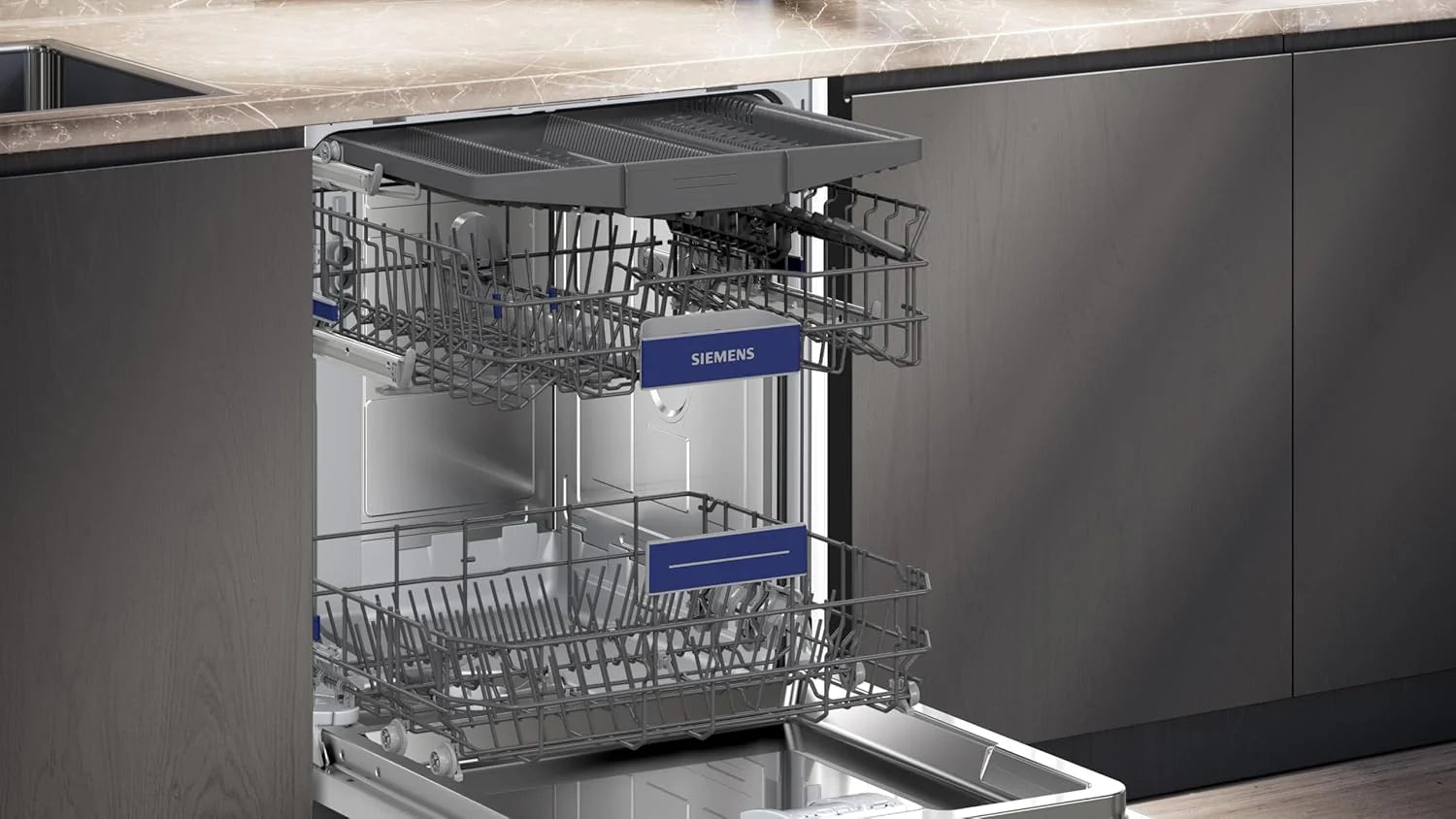 Siemens SN43ES14VE, iQ300 Smarter Geschirrspüler, Unterbau-Spülmaschine mit Besteckschublade, 60 cm, automatische Türöffnung dank autoOpen dry, besonders leise mit iQdrive-Motor, aquaStop, Edelstahl