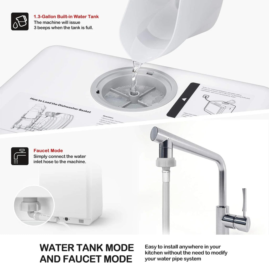 Tragbarer Tischgeschirrspüler, Kompaktgeschirrspüler mit 5 l integriertem Wassertank und Zulaufschlauch, 5 Spülprogrammen, Babypflege, Lufttrocknungsfunktion und LED-Licht für kleine Wohnungen